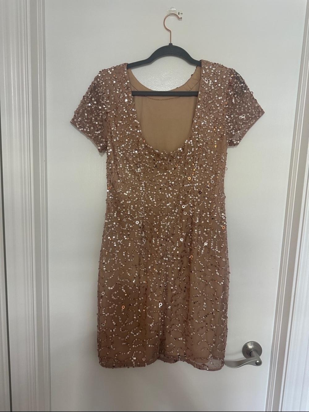 Adrianna Papell Taupe Sequin Short Sleeve Mini Dress - Picture 3 of 4